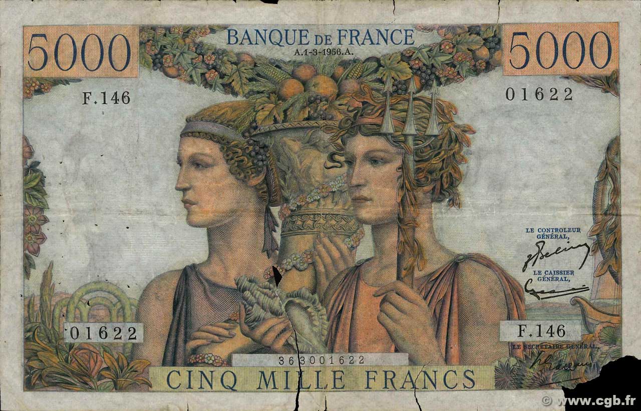 5000 Francs TERRE ET MER FRANKREICH  1956 F.48.11 fSGE