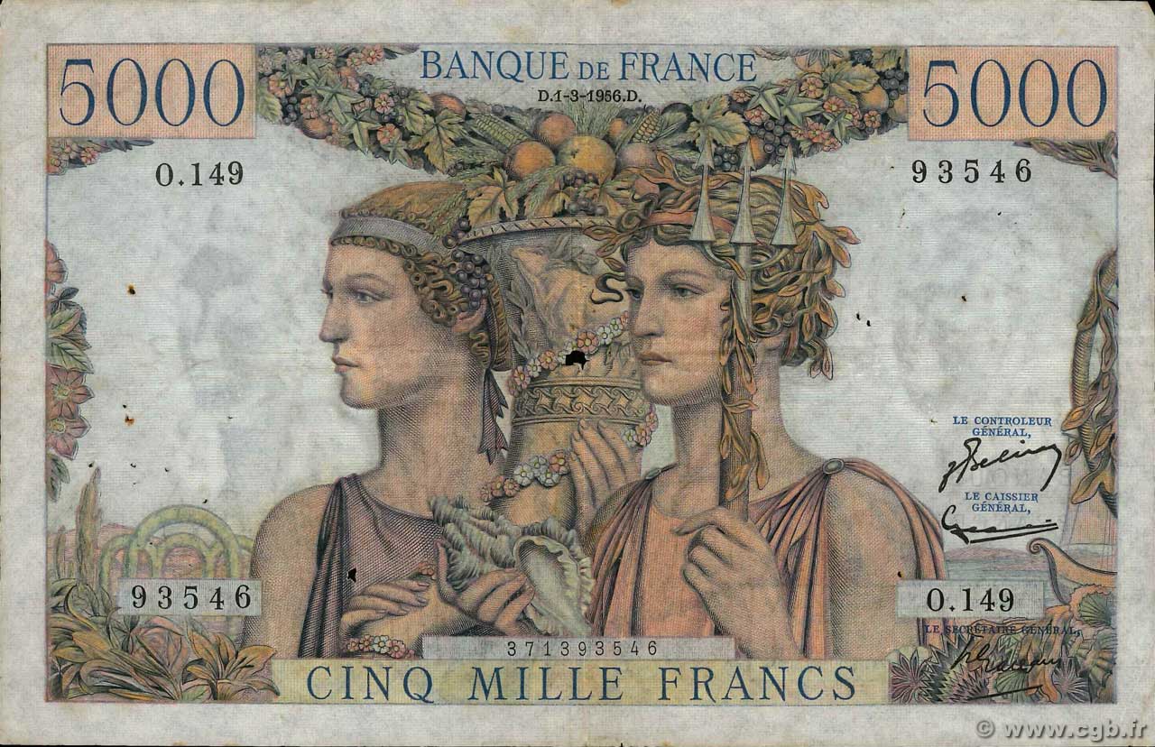 5000 Francs TERRE ET MER FRANCIA  1956 F.48.11 q.MB
