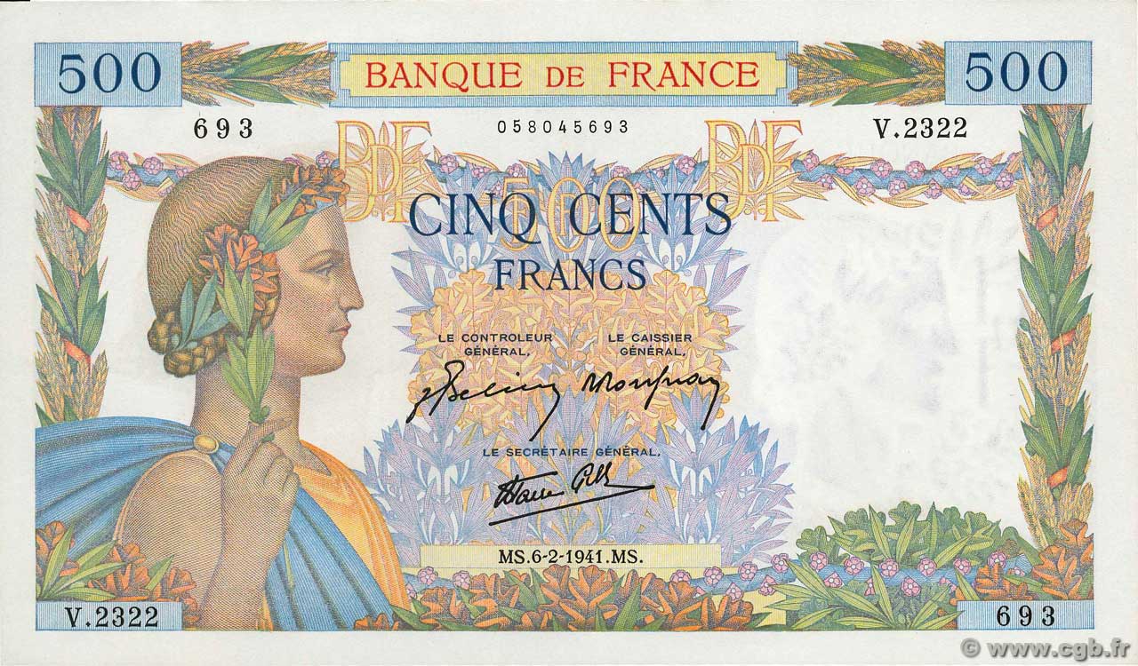 500 Francs LA PAIX FRANCE  1941 F.32.14 AU+