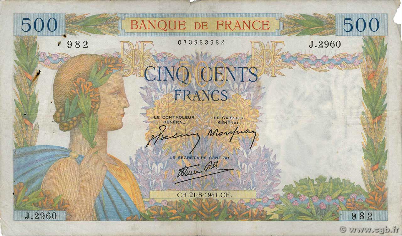500 Francs LA PAIX FRANCE  1941 F.32.17 TB