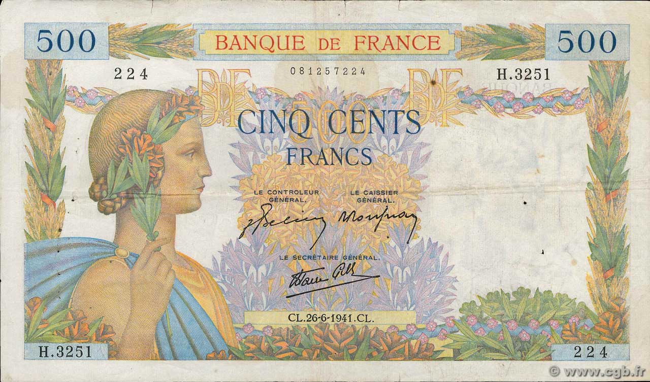 500 Francs LA PAIX FRANCE  1941 F.32.19 TB