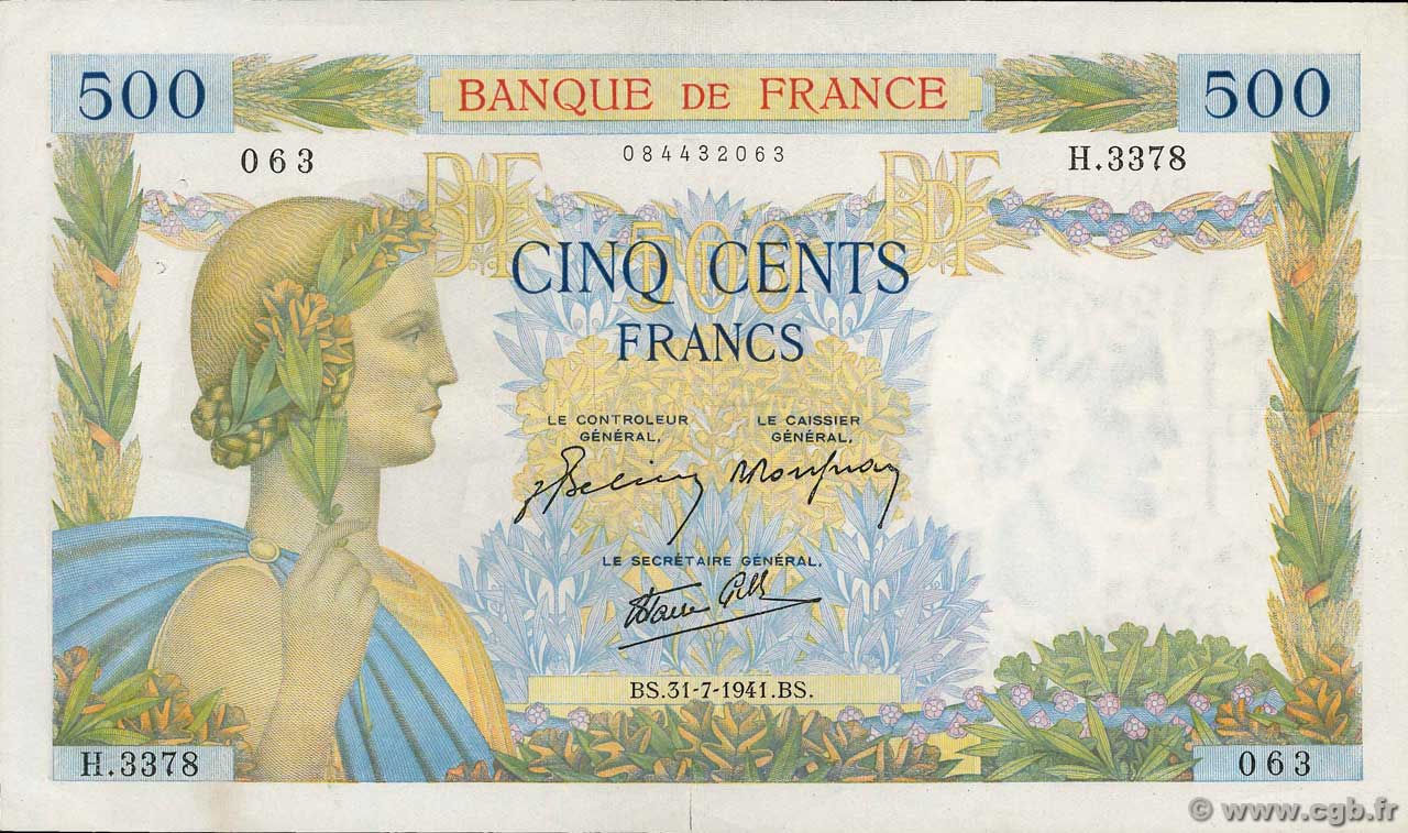 500 Francs LA PAIX FRANCIA  1941 F.32.20 MBC