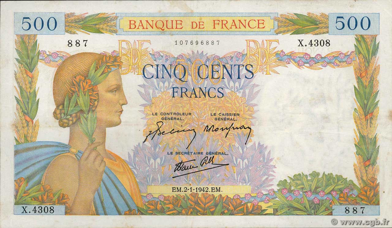 500 Francs LA PAIX FRANCE  1942 F.32.26 VF