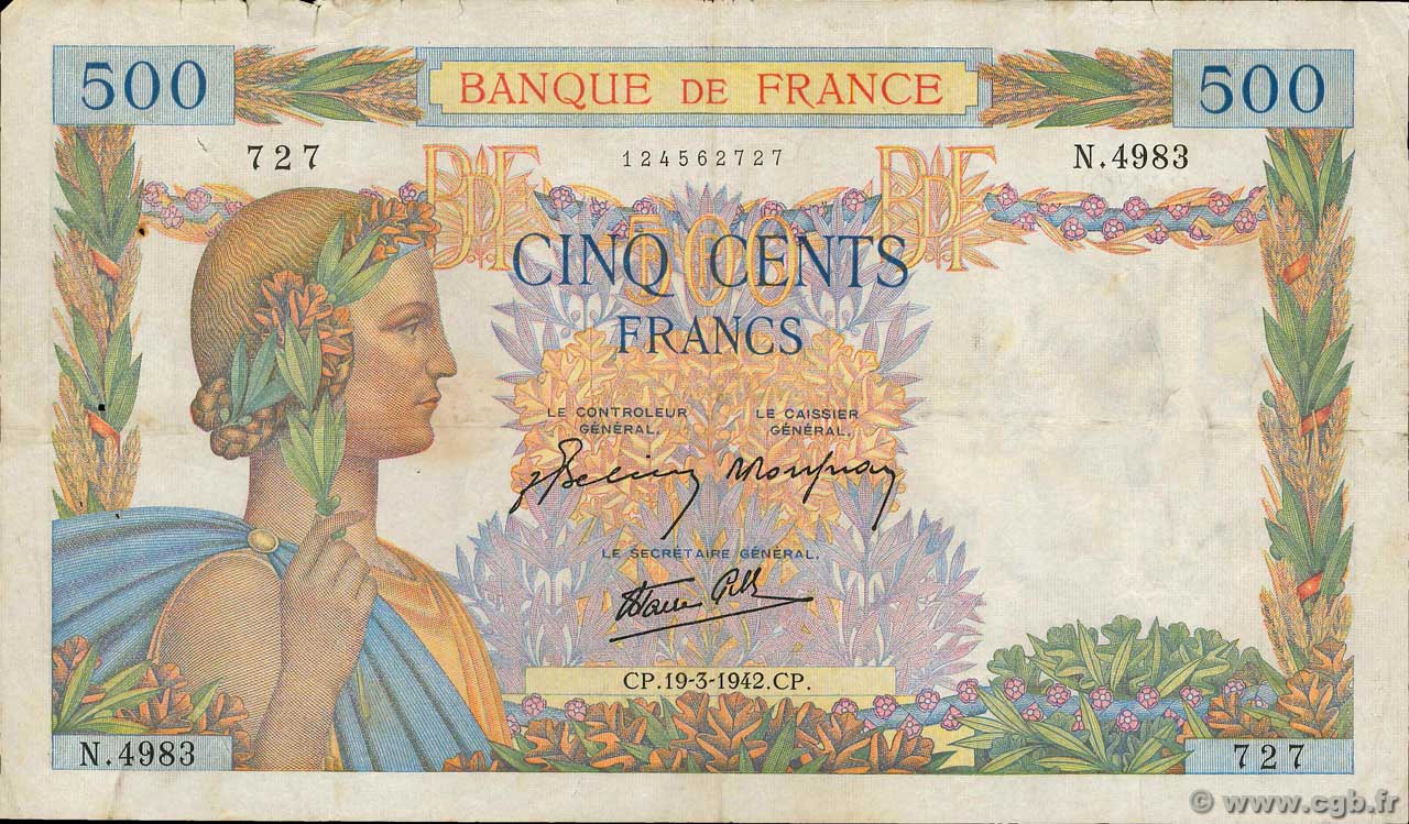 500 Francs LA PAIX FRANCE  1942 F.32.31 pr.TB