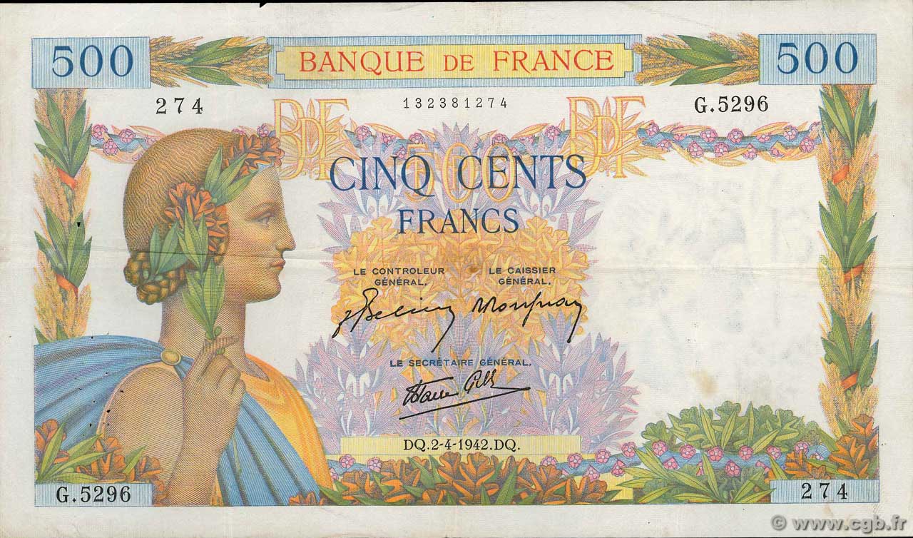 500 Francs LA PAIX FRANCIA  1942 F.32.33 BB