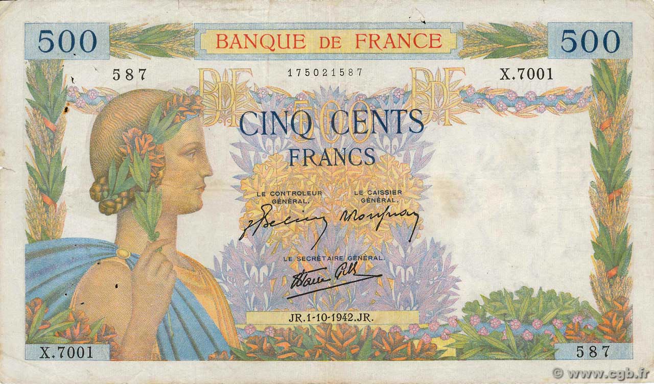 500 Francs LA PAIX FRANCIA  1942 F.32.41 BC