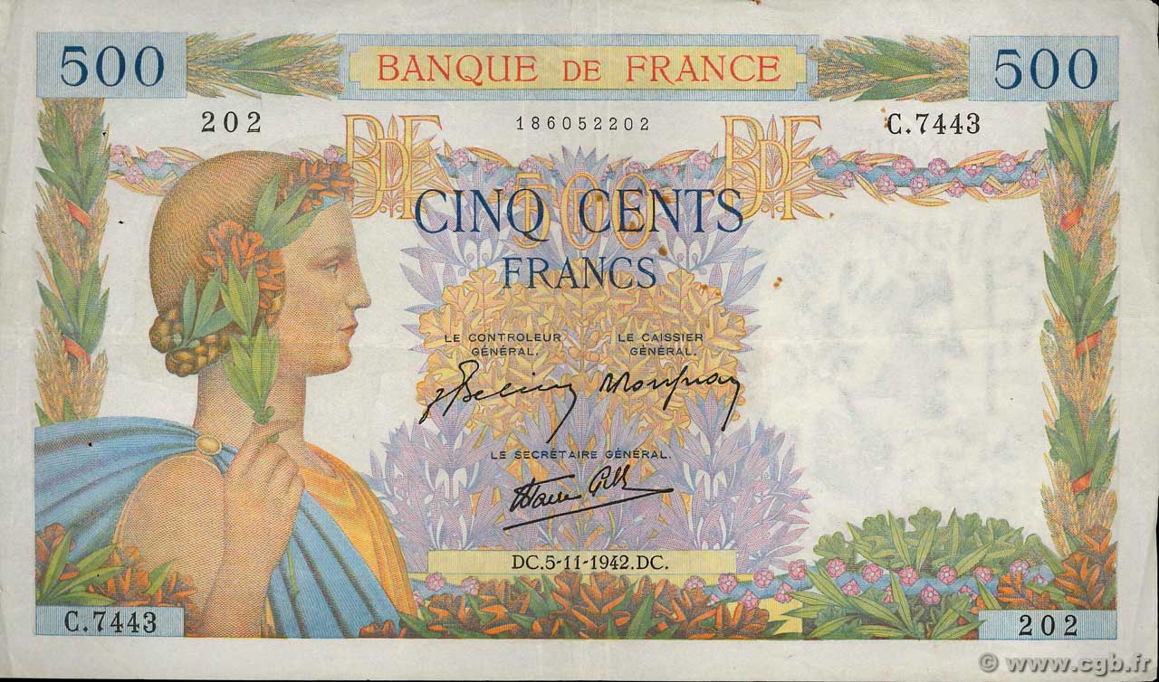500 Francs LA PAIX FRANCIA  1942 F.32.43 q.BB