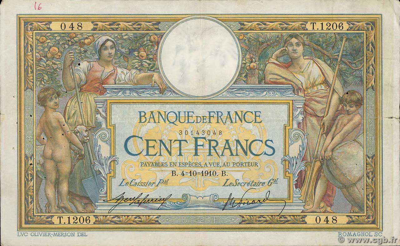 100 Francs LUC OLIVIER MERSON sans LOM FRANCIA  1910 F.23.02 BC+