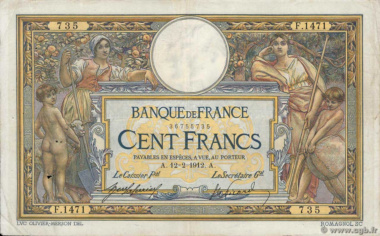 100 Francs LUC OLIVIER MERSON sans LOM FRANCIA  1912 F.23.04 q.BB