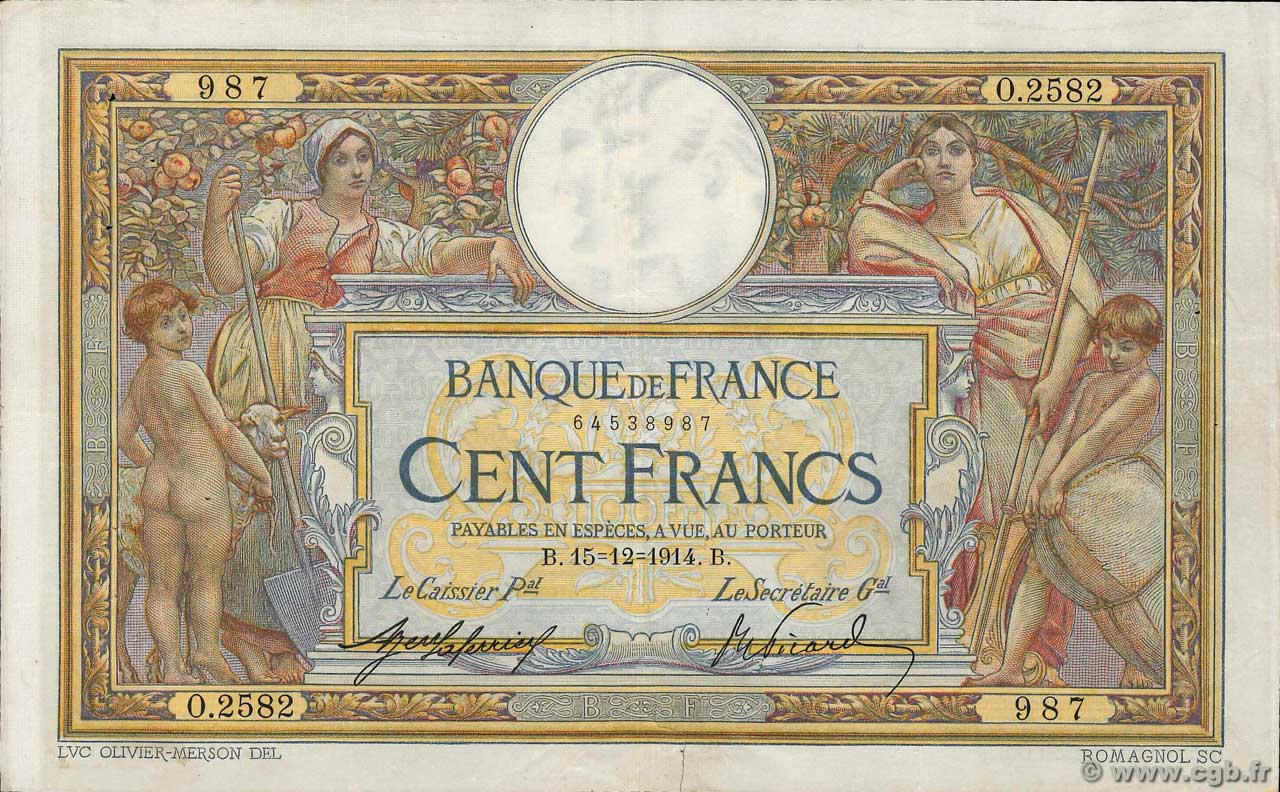 100 Francs LUC OLIVIER MERSON sans LOM FRANKREICH  1914 F.23.06 SS