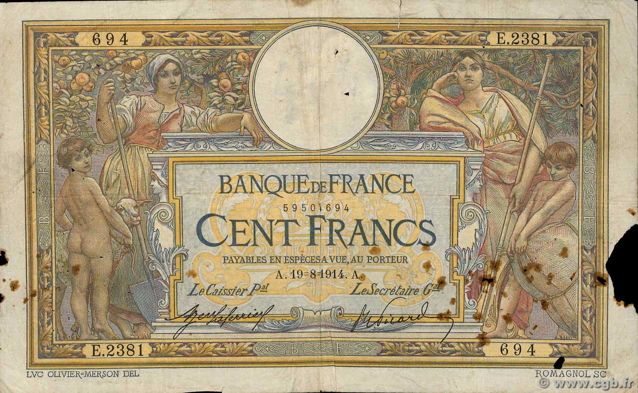 100 Francs LUC OLIVIER MERSON sans LOM FRANCE  1914 F.23.06 pr.B