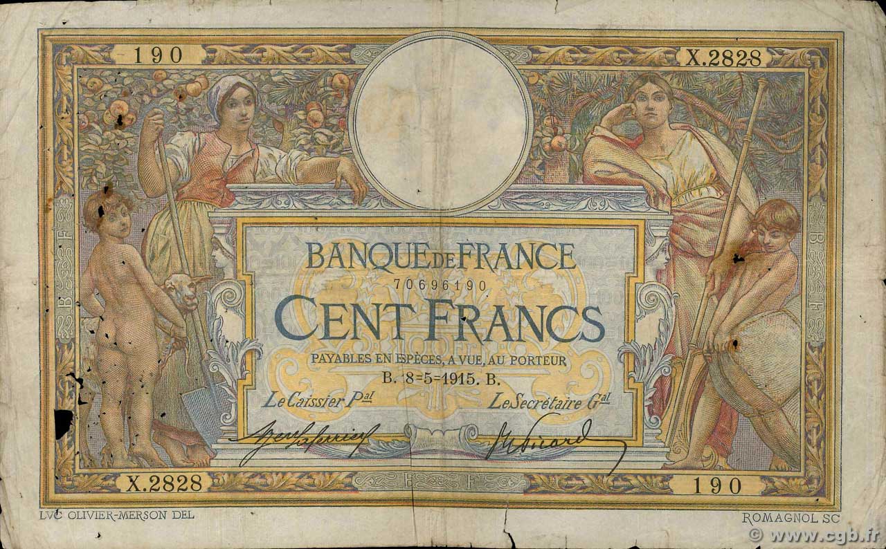 100 Francs LUC OLIVIER MERSON sans LOM FRANCIA  1915 F.23.07 RC