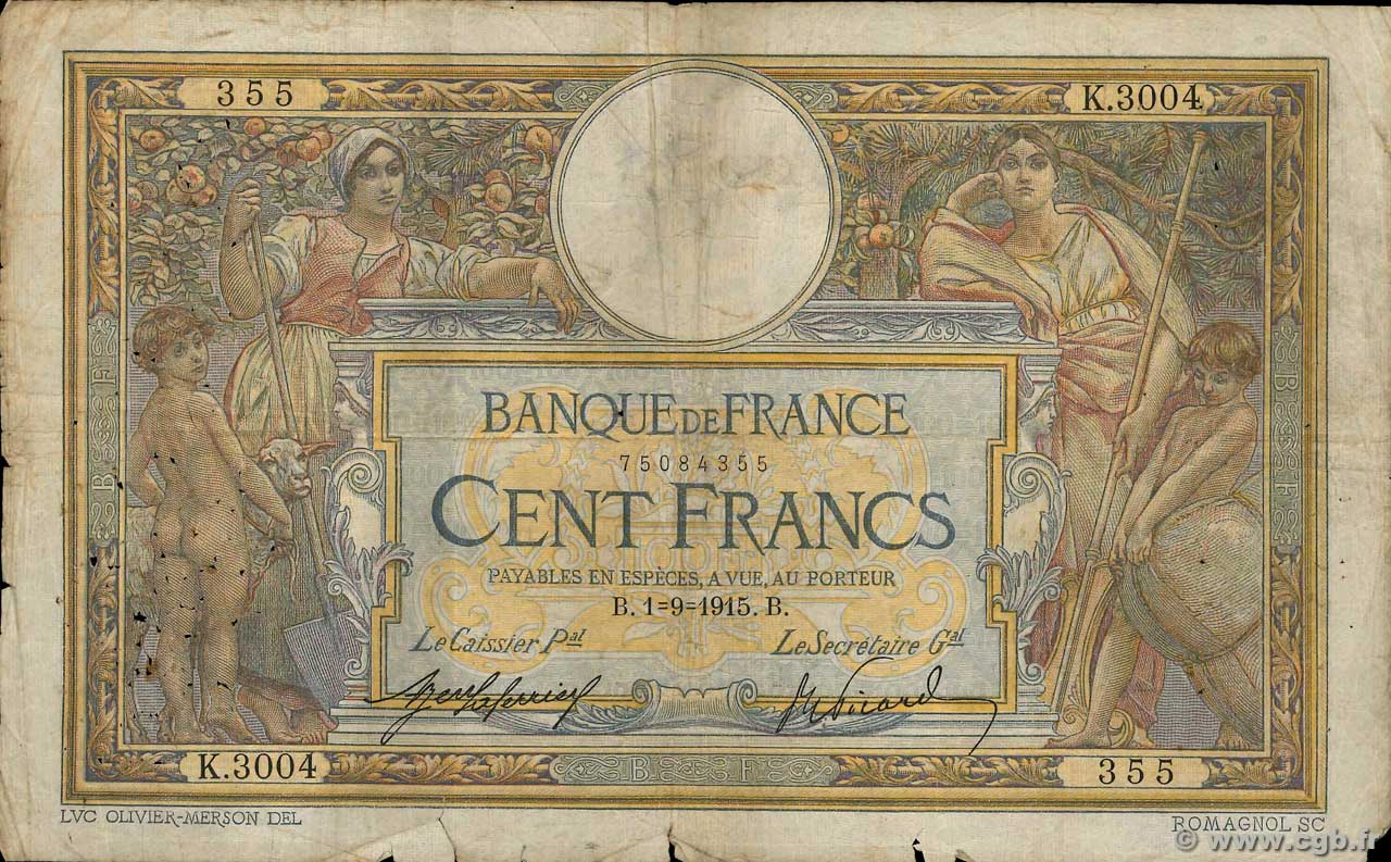 100 Francs LUC OLIVIER MERSON sans LOM FRANCE  1915 F.23.07 B