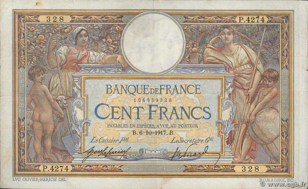 100 Francs LUC OLIVIER MERSON sans LOM FRANCE  1917 F.23.09a F+