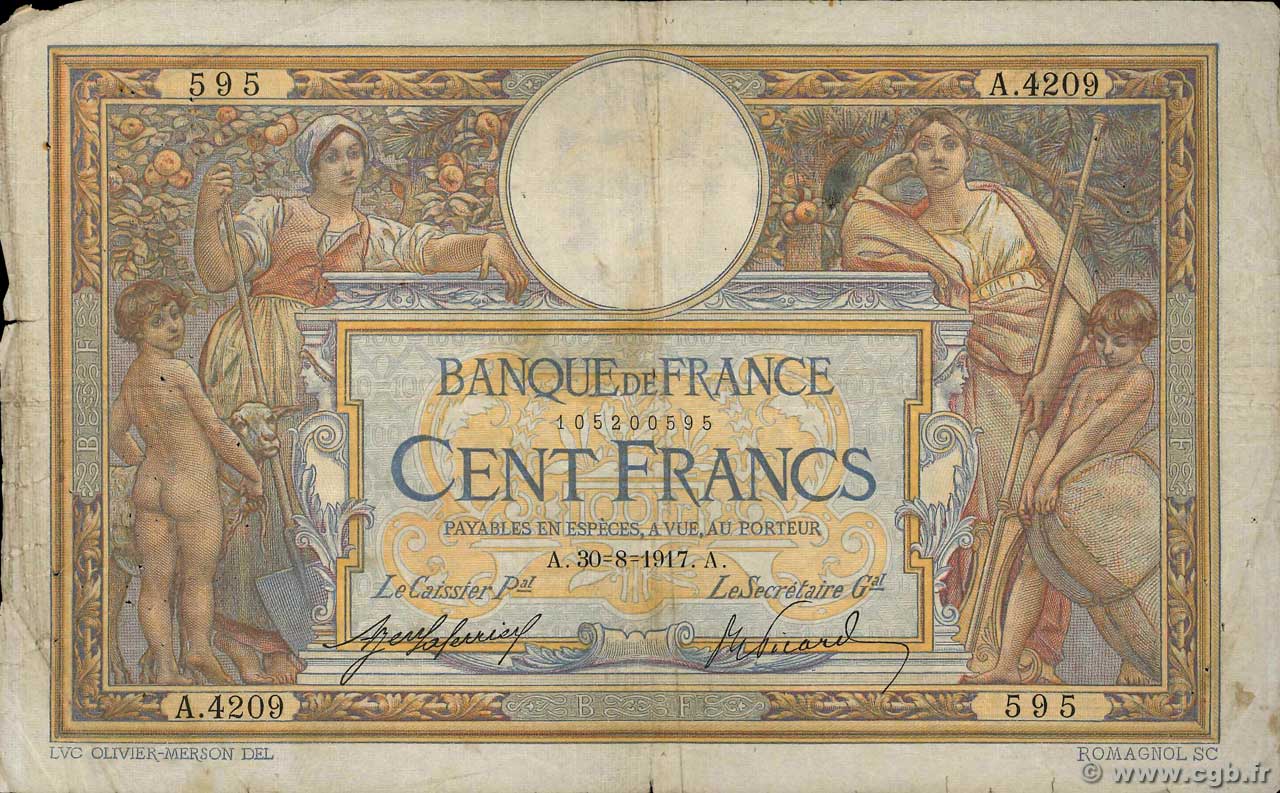 100 Francs LUC OLIVIER MERSON sans LOM FRANCE  1917 F.23.09a F-