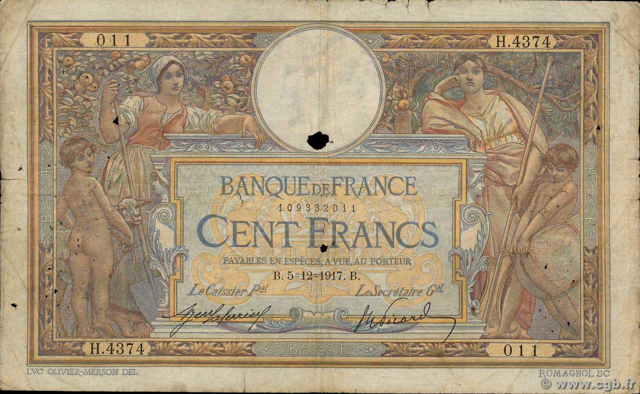 100 Francs LUC OLIVIER MERSON sans LOM FRANCIA  1917 F.23.09a RC