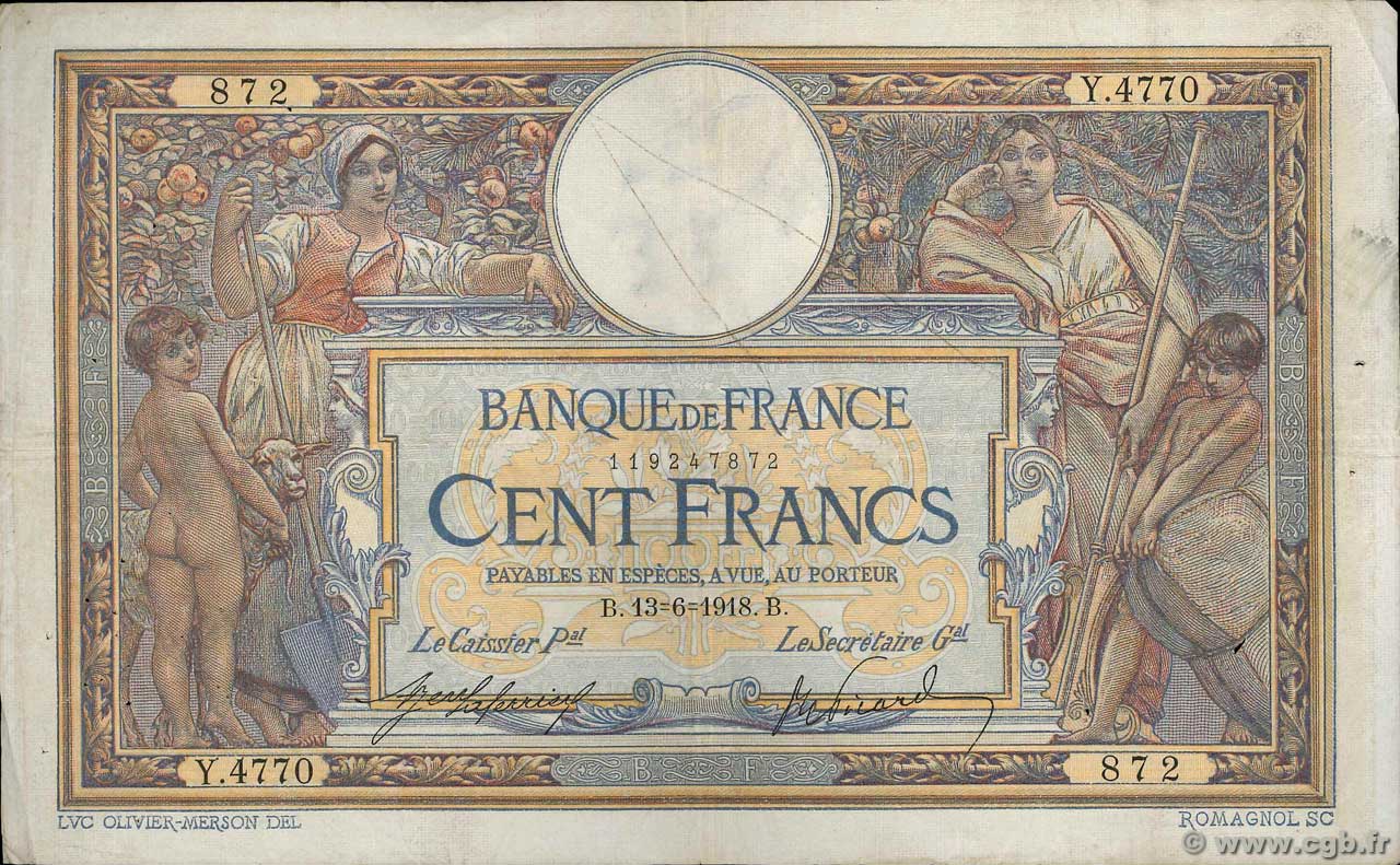 100 Francs LUC OLIVIER MERSON sans LOM FRANKREICH  1918 F.23.10 fSS