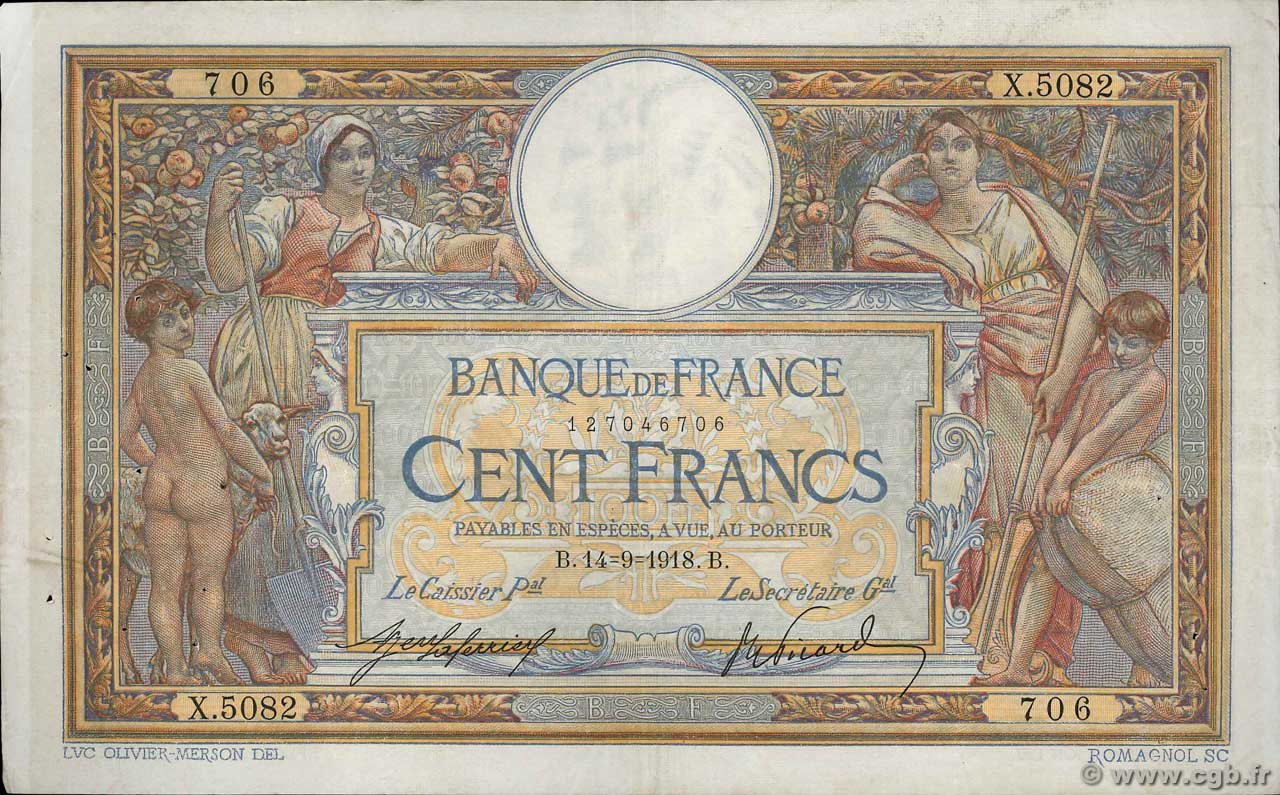 100 Francs LUC OLIVIER MERSON sans LOM FRANCIA  1918 F.23.10 q.BB