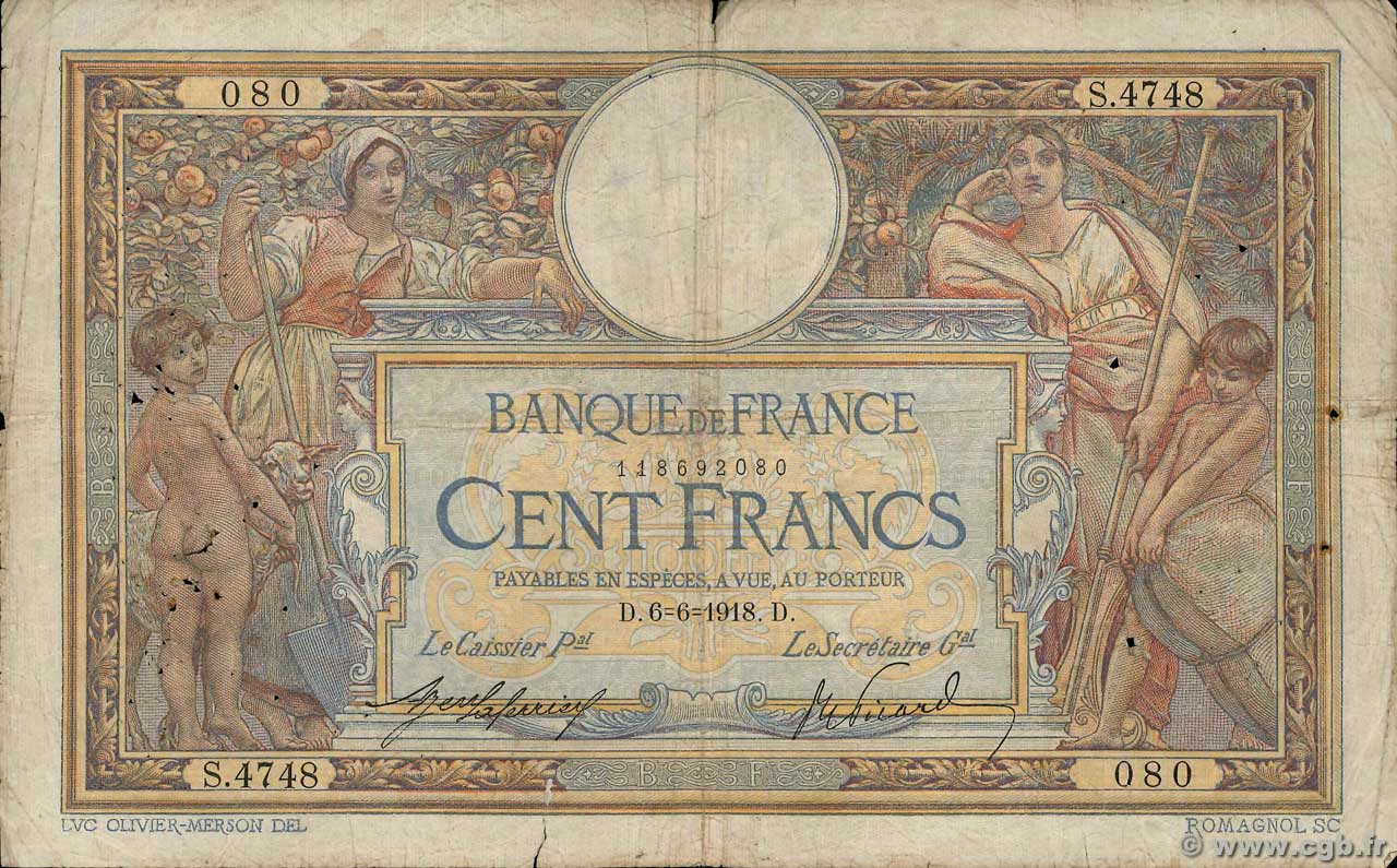 100 Francs LUC OLIVIER MERSON sans LOM FRANCE  1918 F.23.10 G