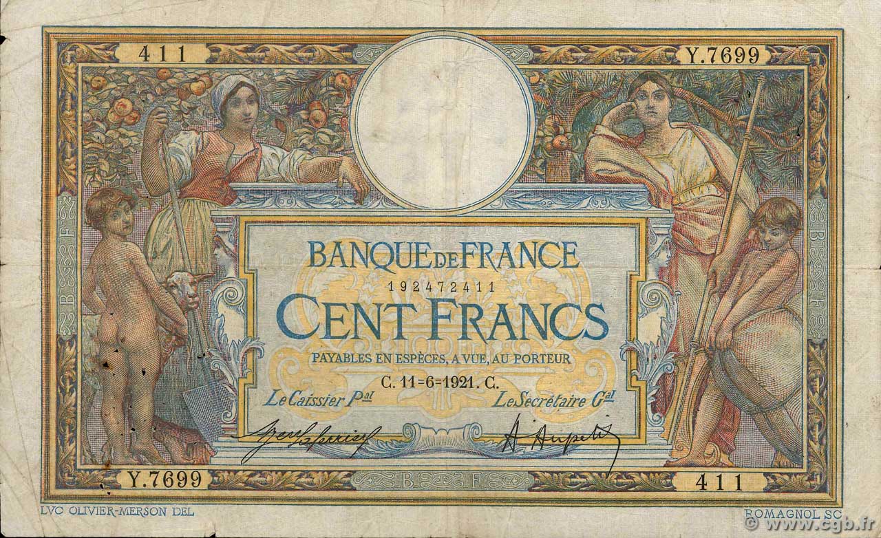 100 Francs LUC OLIVIER MERSON sans LOM FRANCIA  1921 F.23.14 RC+
