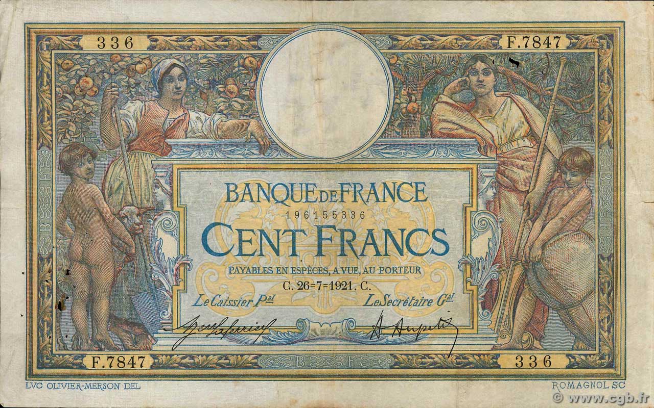 100 Francs LUC OLIVIER MERSON sans LOM FRANCE  1921 F.23.14 TB