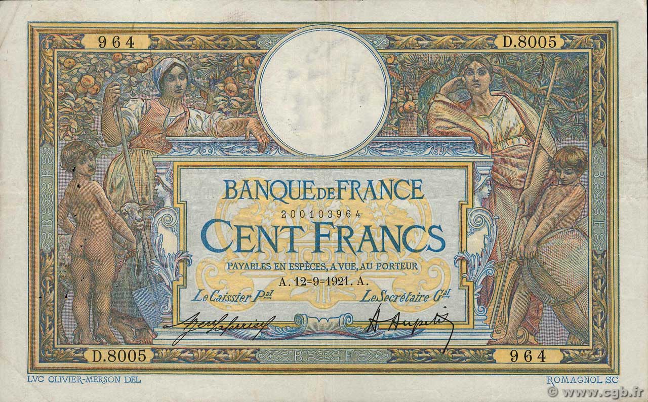 100 Francs LUC OLIVIER MERSON sans LOM FRANCIA  1921 F.23.14 MBC