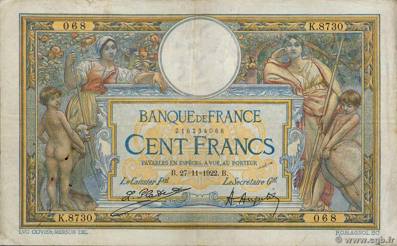 100 Francs LUC OLIVIER MERSON sans LOM FRANCIA  1922 F.23.15 MBC