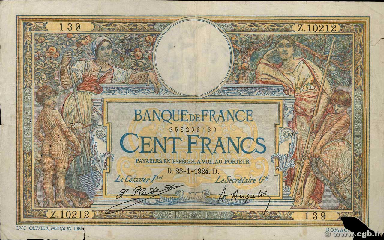 100 Francs LUC OLIVIER MERSON grands cartouches FRANCE  1924 F.24.02 VG