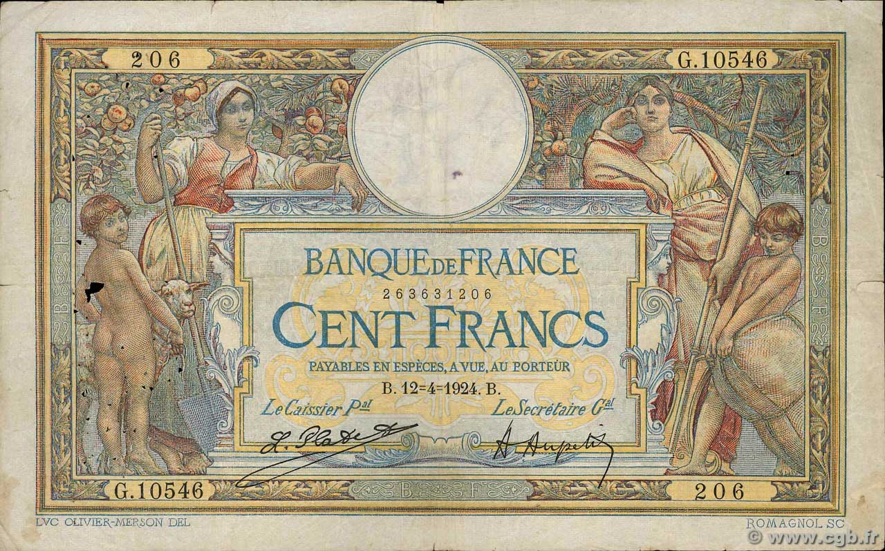 100 Francs LUC OLIVIER MERSON grands cartouches FRANCE  1924 F.24.02 F