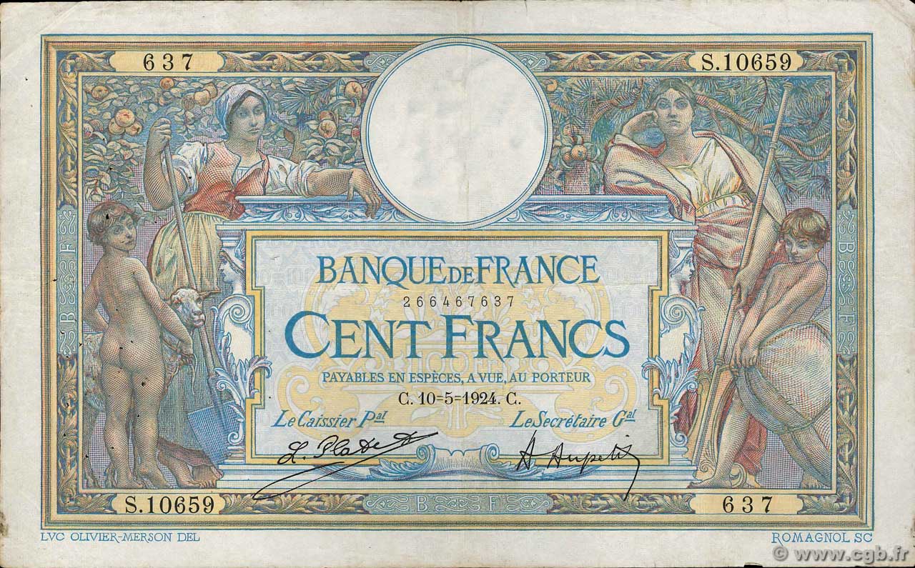 100 Francs LUC OLIVIER MERSON grands cartouches FRANCIA  1924 F.24.02 q.BB