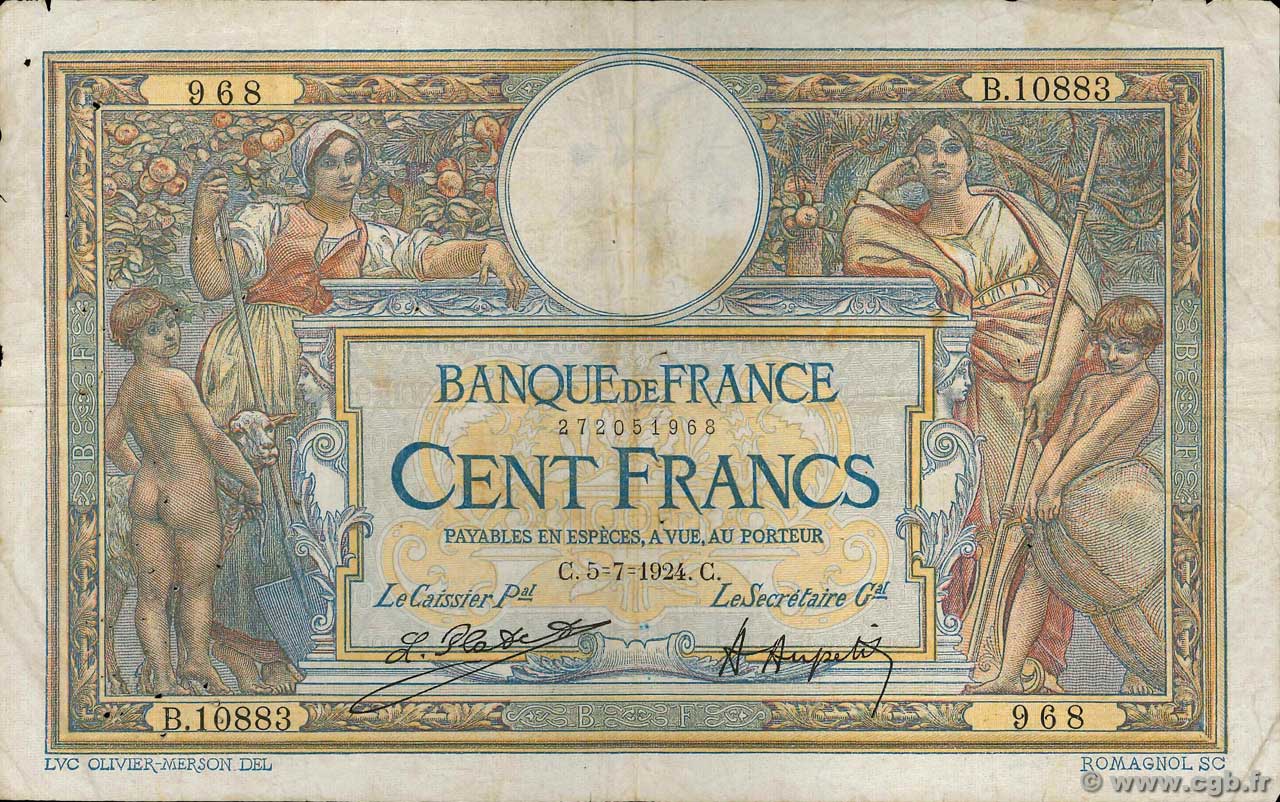 100 Francs LUC OLIVIER MERSON grands cartouches FRANCE  1924 F.24.02 TB+