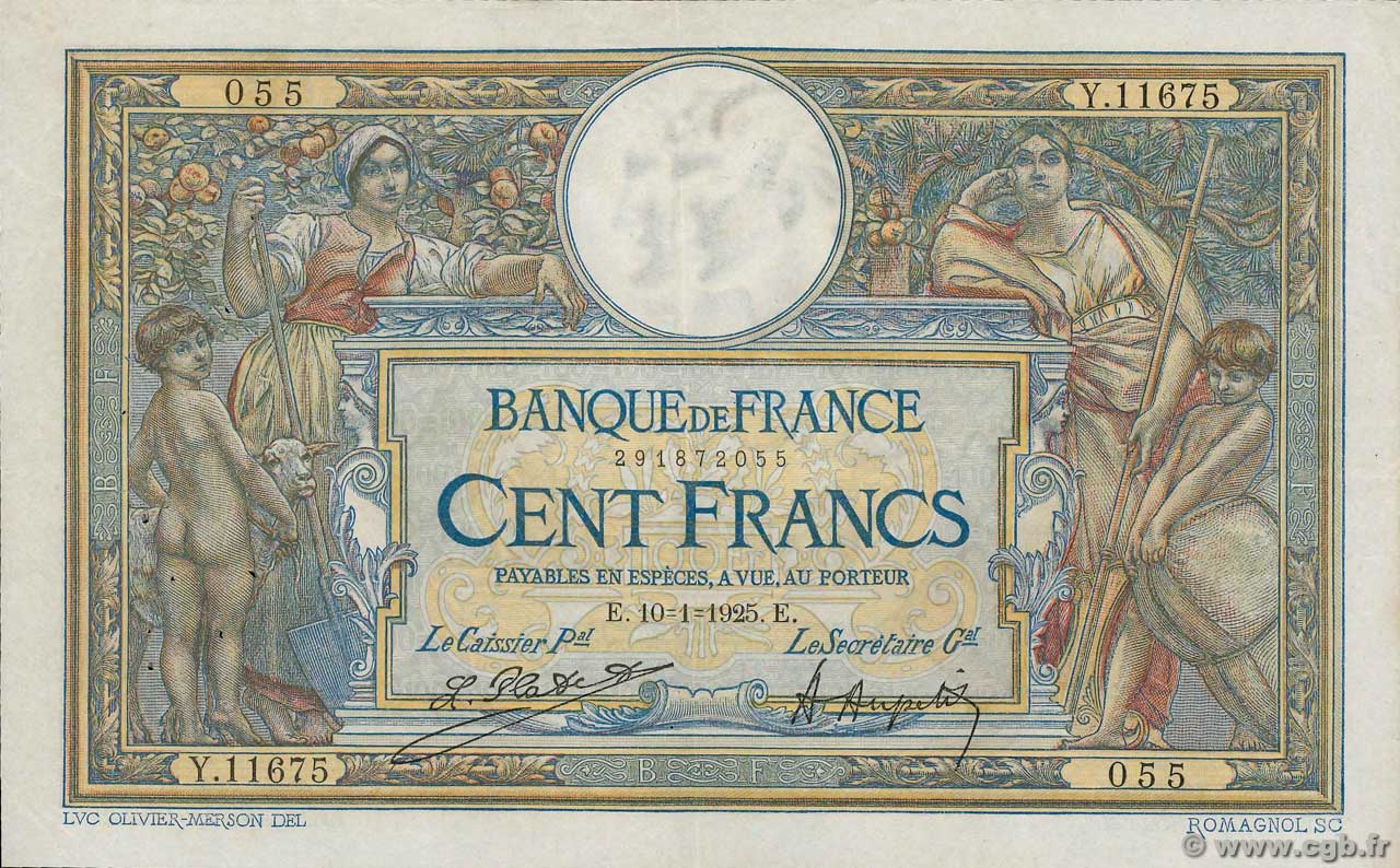 100 Francs LUC OLIVIER MERSON grands cartouches FRANCIA  1925 F.24.03 q.SPL