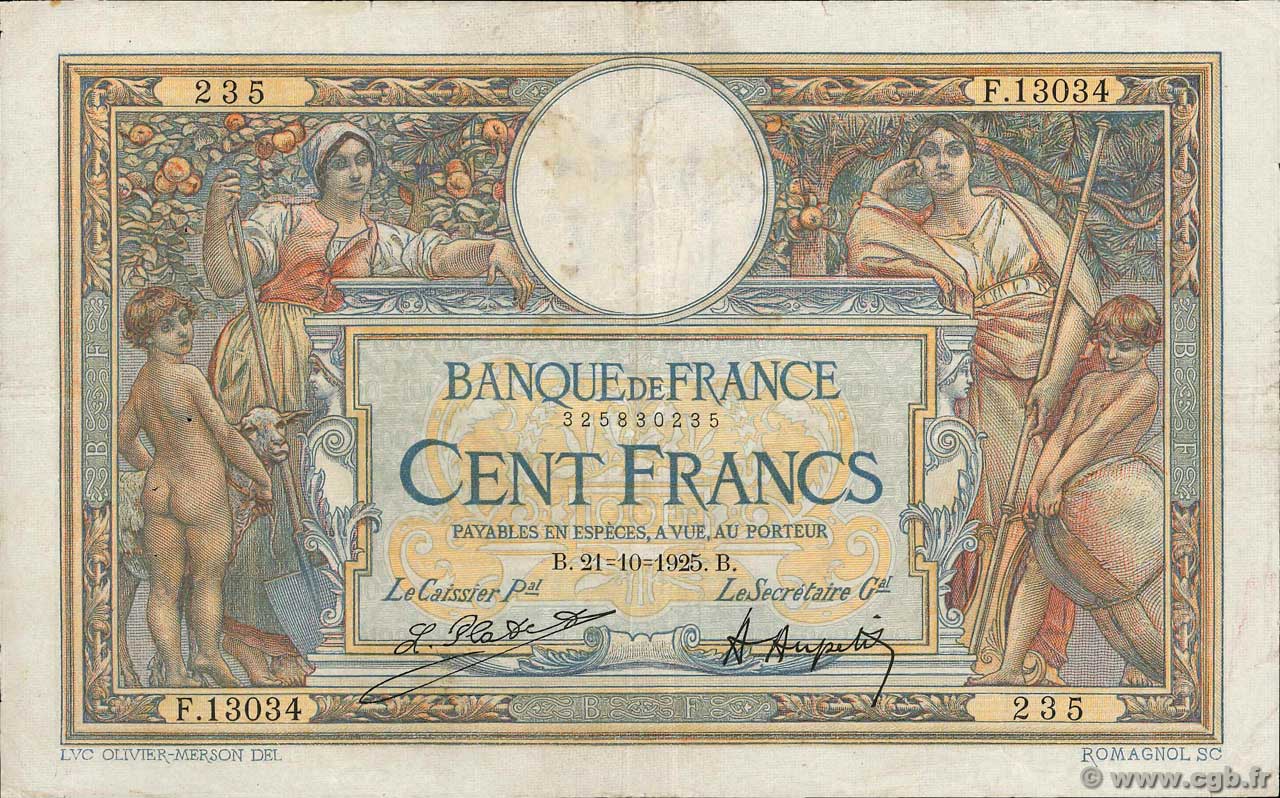 100 Francs LUC OLIVIER MERSON grands cartouches FRANKREICH  1925 F.24.03 SS