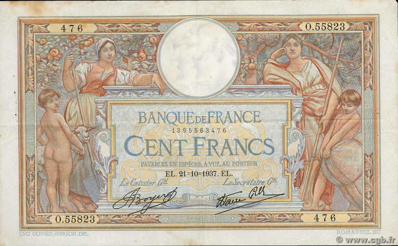 100 Francs LUC OLIVIER MERSON type modifié FRANCE  1937 F.25.03 pr.TTB