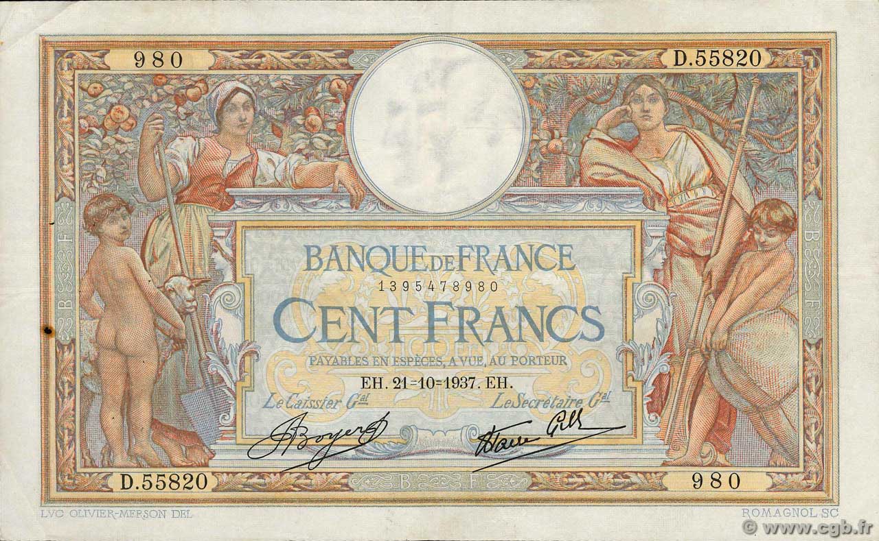100 Francs LUC OLIVIER MERSON type modifié FRANKREICH  1937 F.25.03 SS