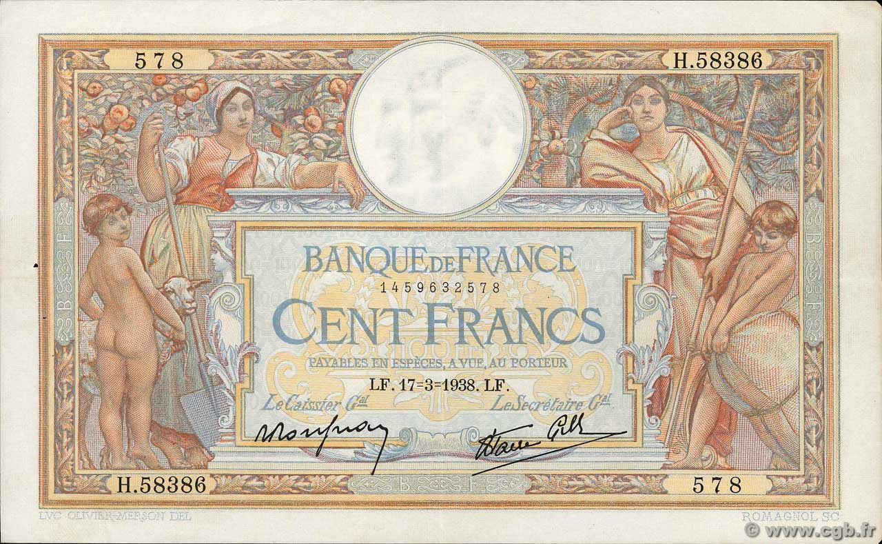 100 Francs LUC OLIVIER MERSON type modifié FRANCE  1938 F.25.13 VF+