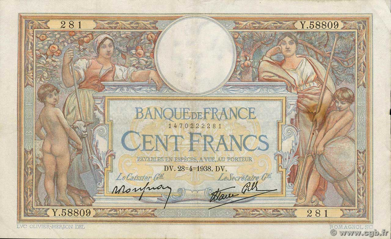 100 Francs LUC OLIVIER MERSON type modifié FRANCE  1938 F.25.16 VF