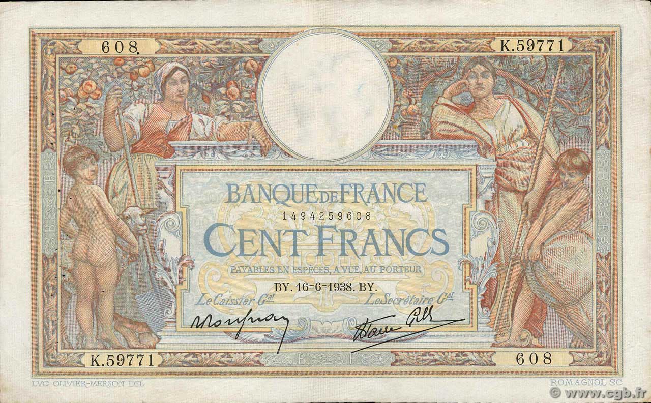 100 Francs LUC OLIVIER MERSON type modifié FRANCE  1938 F.25.23 TTB