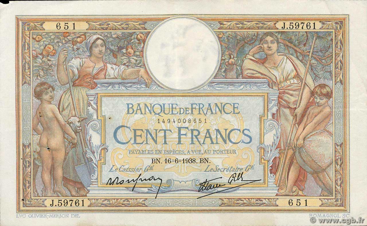 100 Francs LUC OLIVIER MERSON type modifié FRANKREICH  1938 F.25.23 SS