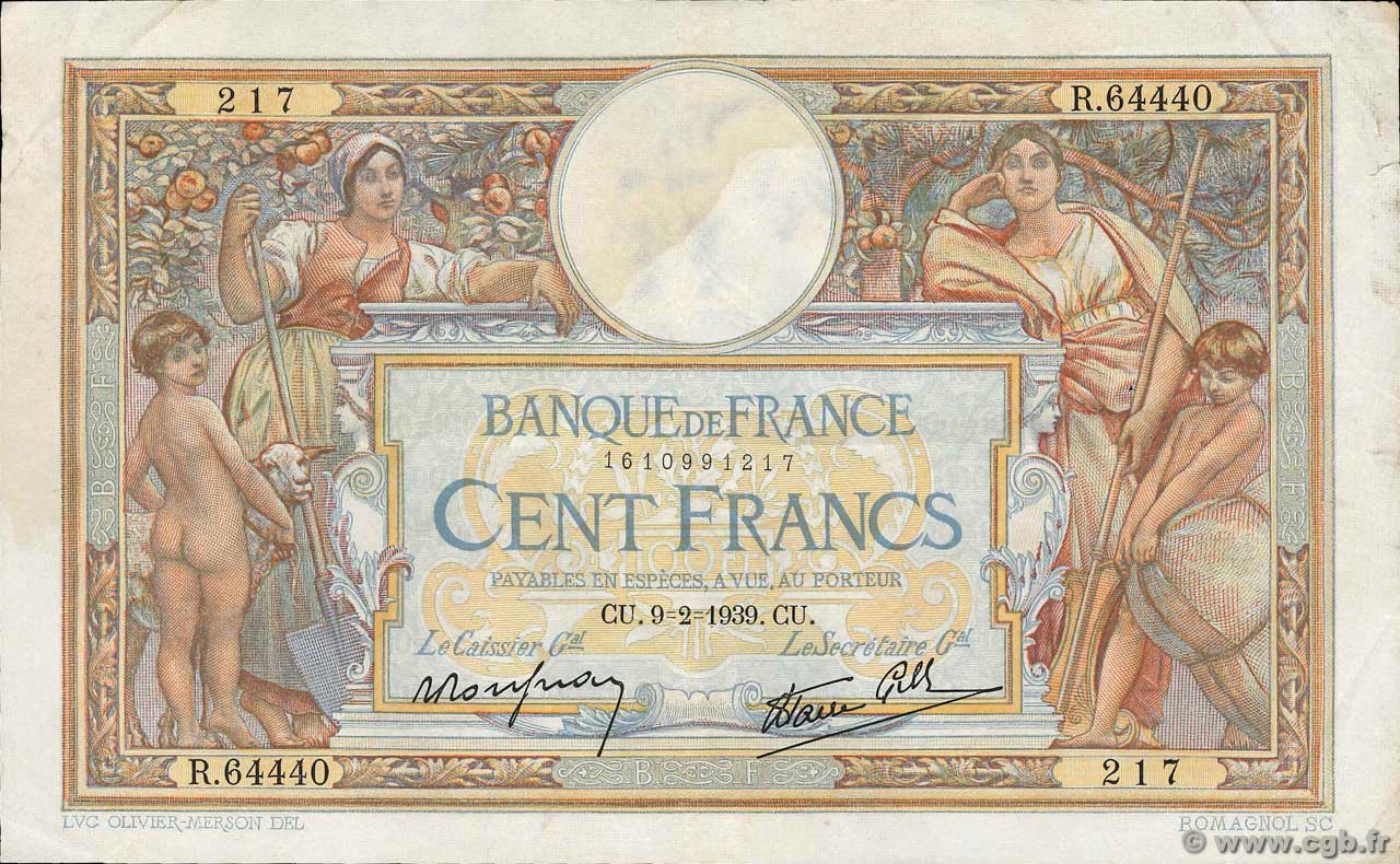 100 Francs LUC OLIVIER MERSON type modifié FRANCE  1939 F.25.42 TTB+