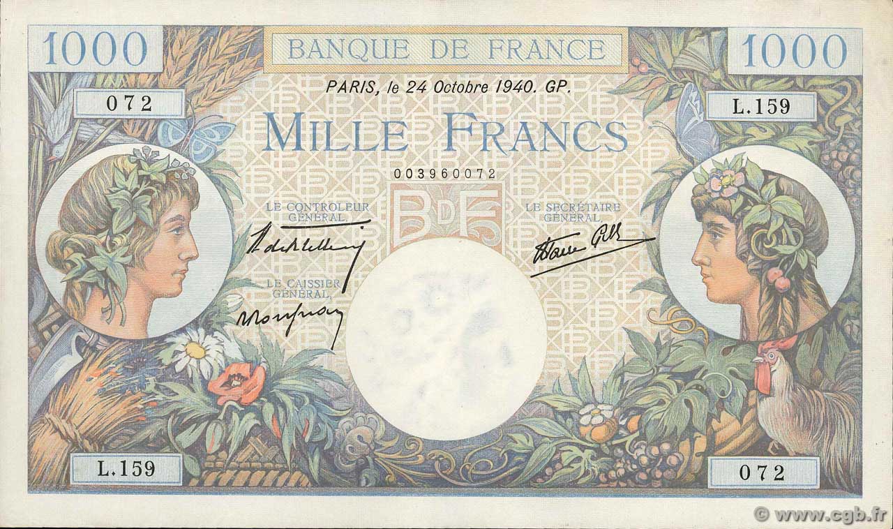 1000 Francs COMMERCE ET INDUSTRIE FRANCIA  1940 F.39.01 MBC+
