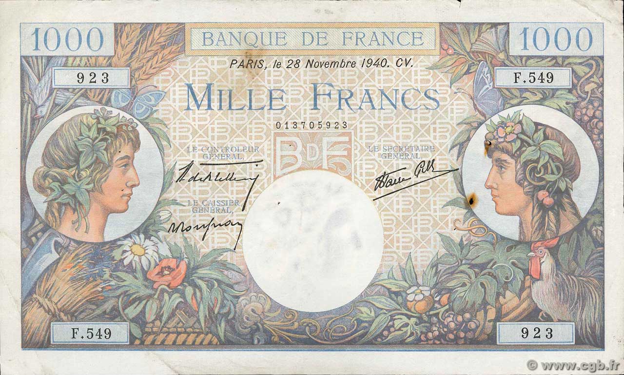 1000 Francs COMMERCE ET INDUSTRIE FRANCE  1940 F.39.02 pr.TTB