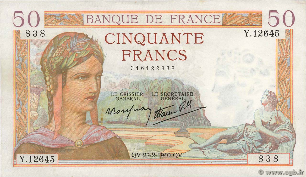50 Francs CÉRÈS modifié FRANKREICH  1940 F.18.39 VZ+
