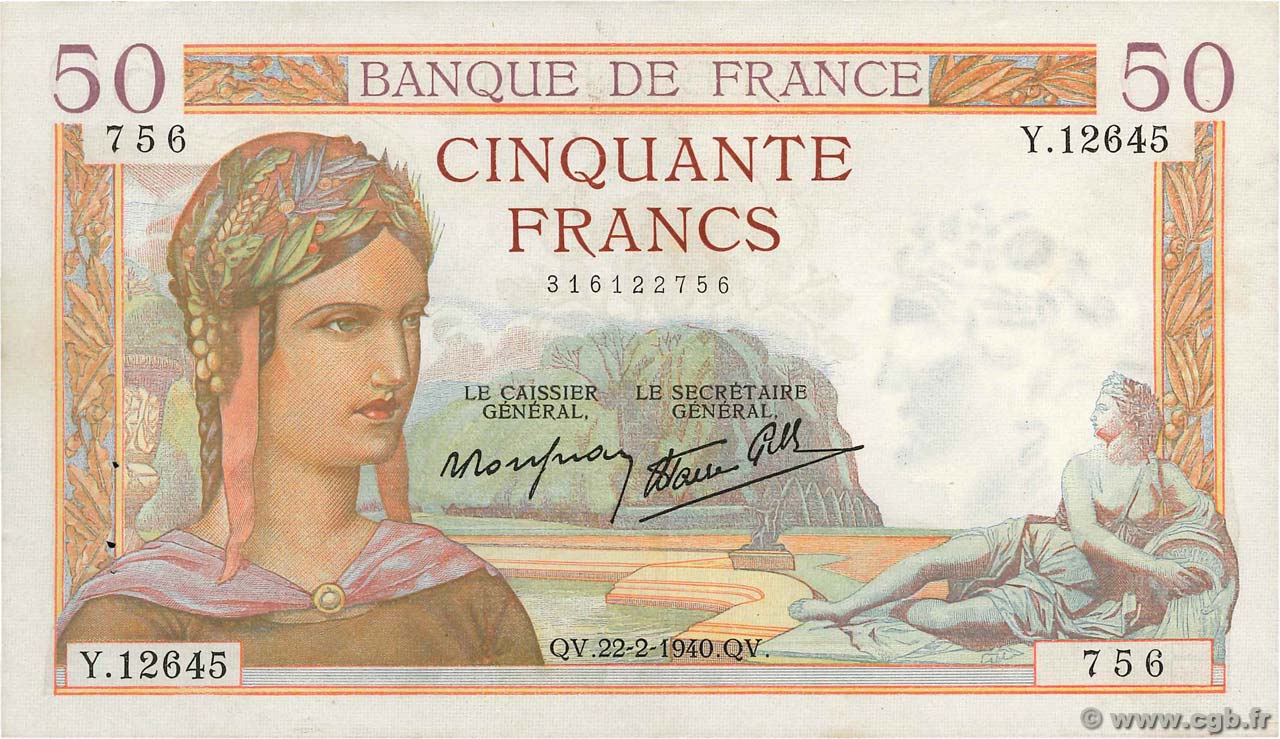 50 Francs CÉRÈS modifié FRANCE  1940 F.18.39 SUP
