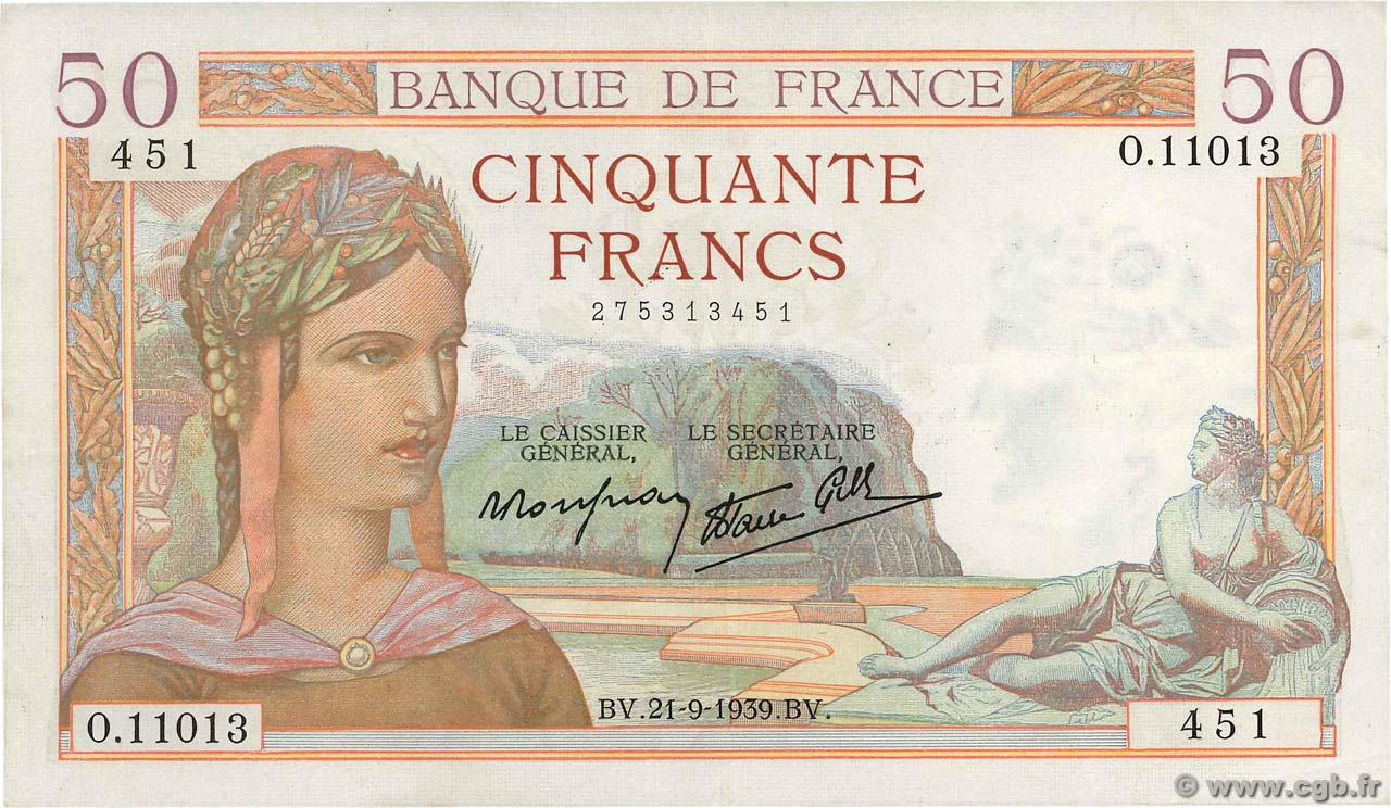 50 Francs CÉRÈS modifié FRANKREICH  1939 F.18.31 VZ