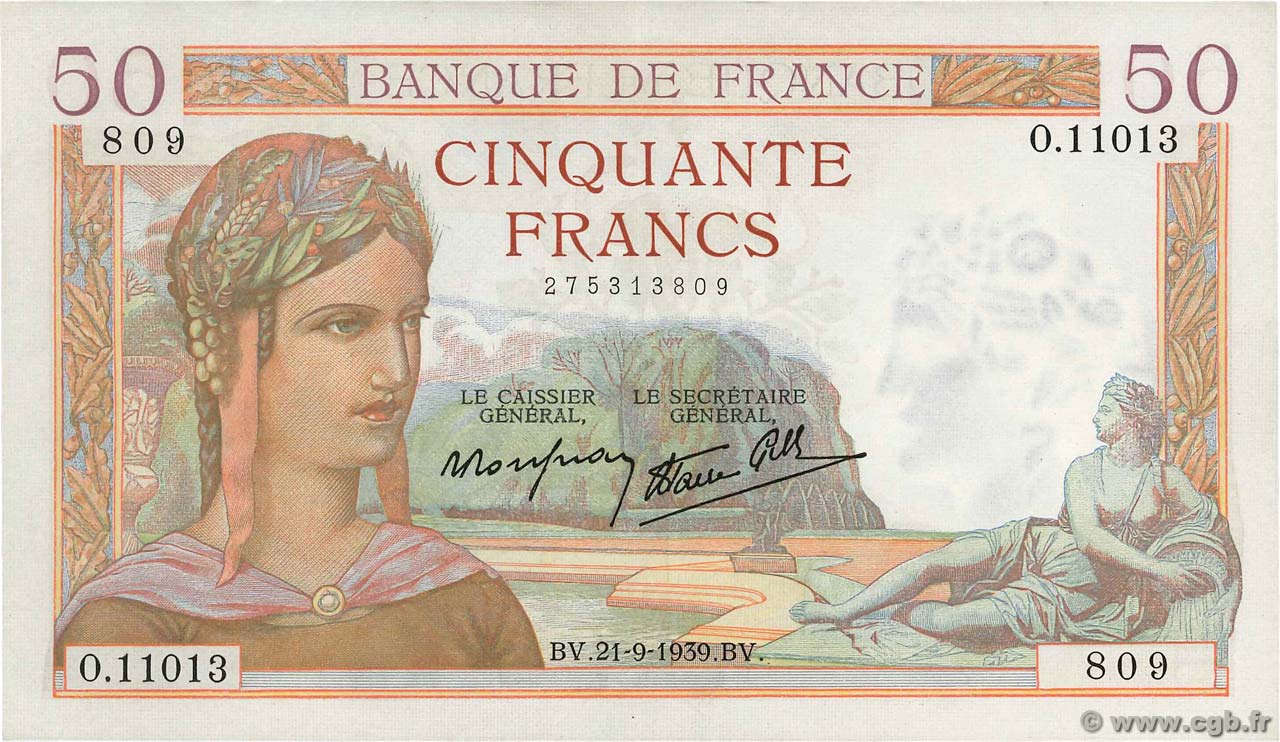 50 Francs CÉRÈS modifié FRANCE  1939 F.18.31 SUP+