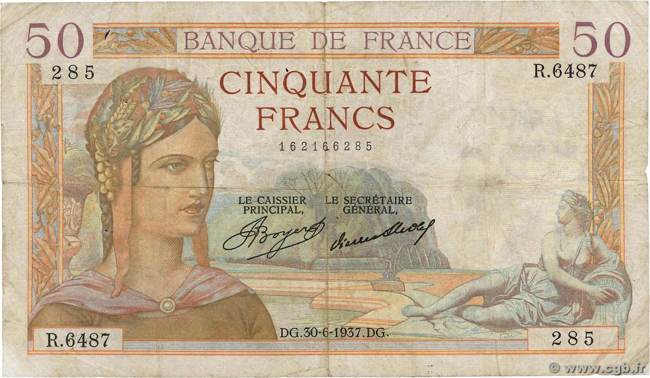 50 Francs CÉRÈS FRANCIA  1937 F.17.40 q.MB