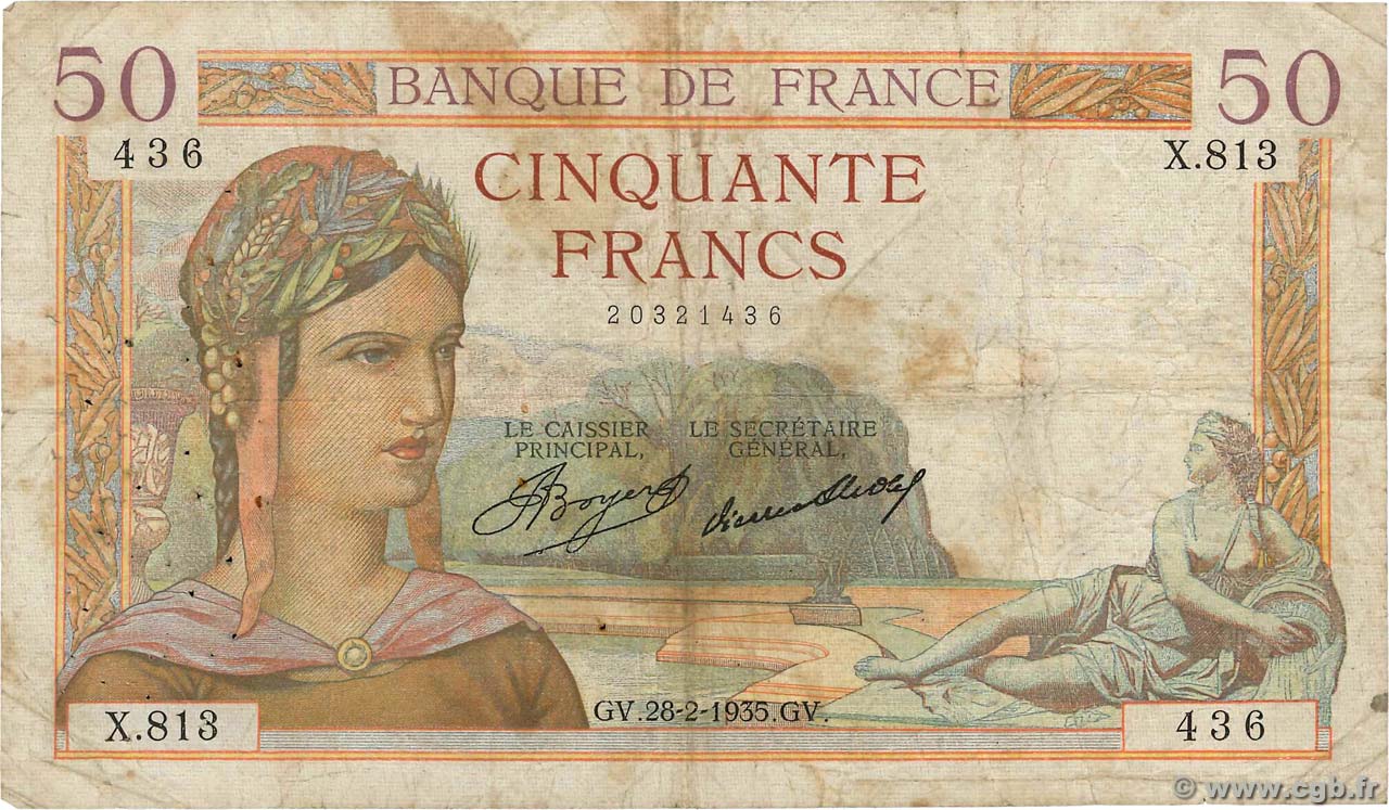 50 Francs CÉRÈS FRANCE  1935 F.17.05 VG