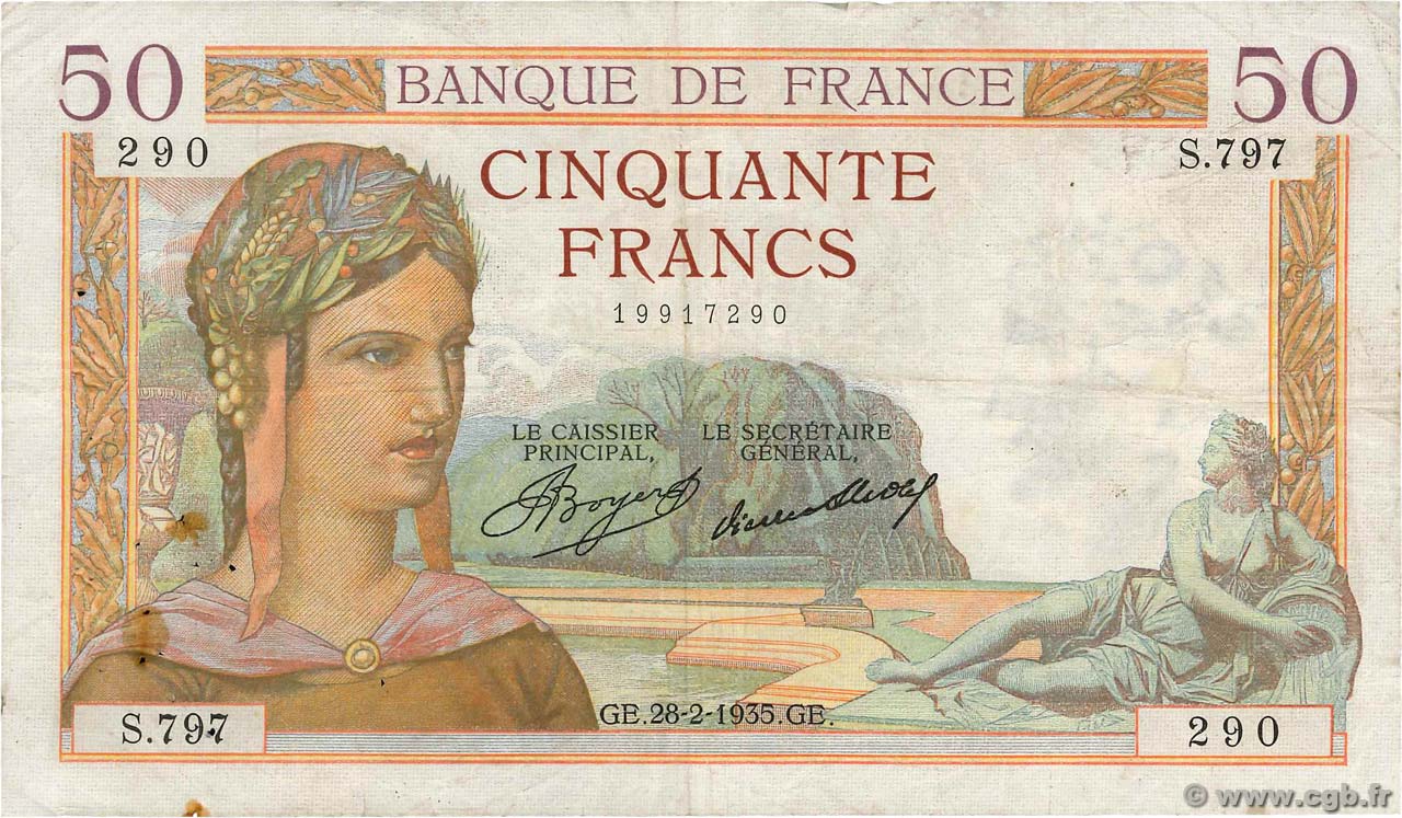 50 Francs CÉRÈS FRANKREICH  1935 F.17.05 fSS