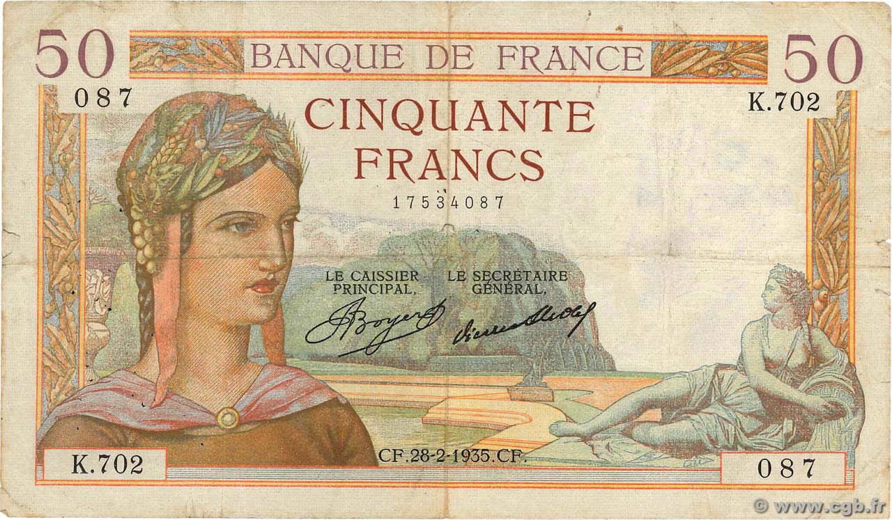 50 Francs CÉRÈS FRANKREICH  1935 F.17.05 S